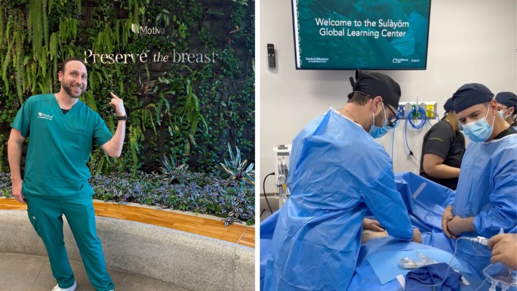 Dr. Bloom at the Motiva "Preservé the Breast" training facility in Costa Rica, with surgeons practicing the Preservé technique at the Sulàyöm Global Learning Center